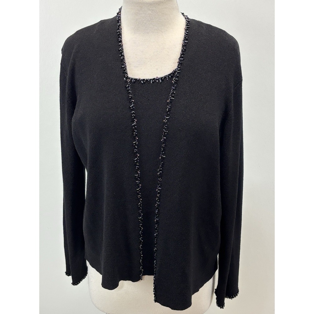 Sigrid Olsen 2 Pc Cardigan Sweater Twin Set Women's L Black Beaded Whimsigoth